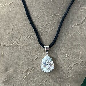 Sterling Silver Tear-Drop Shape Cubic Zirconia Pendant on Black String Necklace